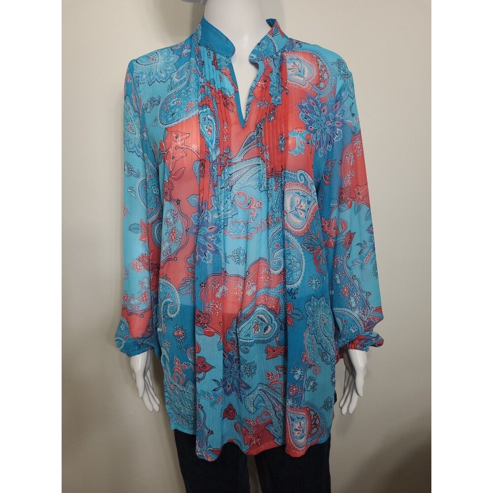 Susan Graver Top Womens Size Medium Semi Sheer Long Sleeve Multicolor Pullover